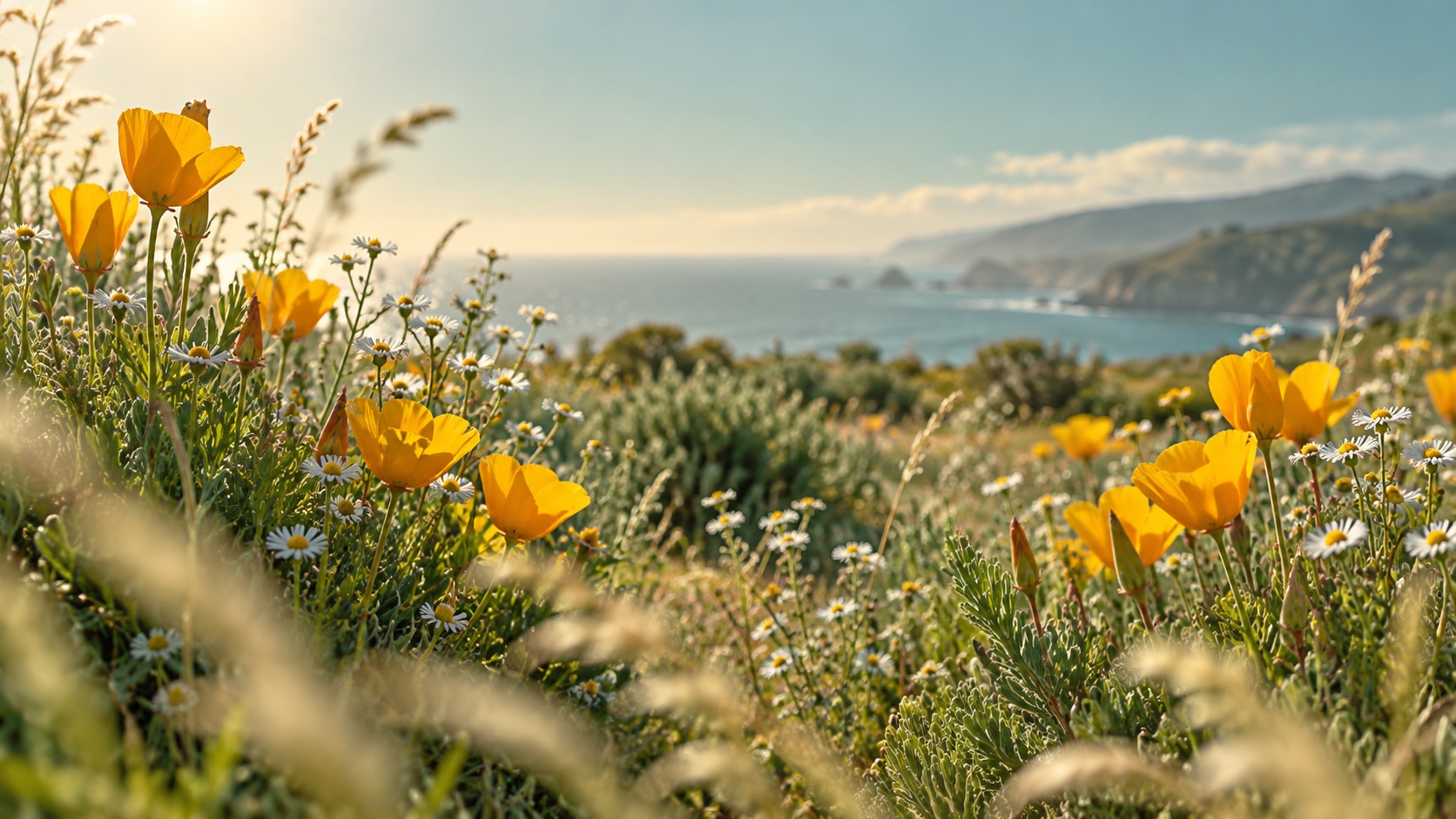 Sunlit flowers beside the coast