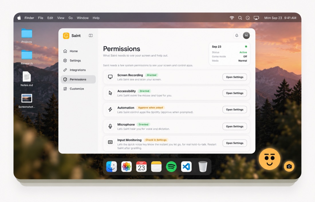 Saint's permissions screen, showing exactly what it can see and control