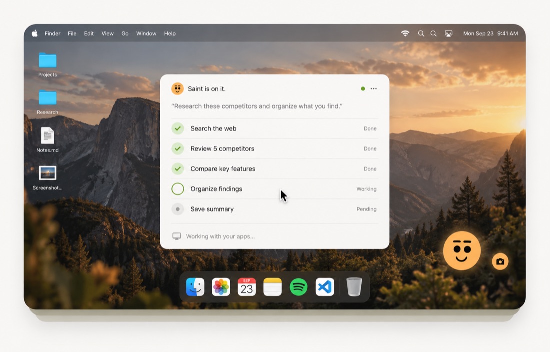Saint on a Mac desktop, working through a research task with a live checklist